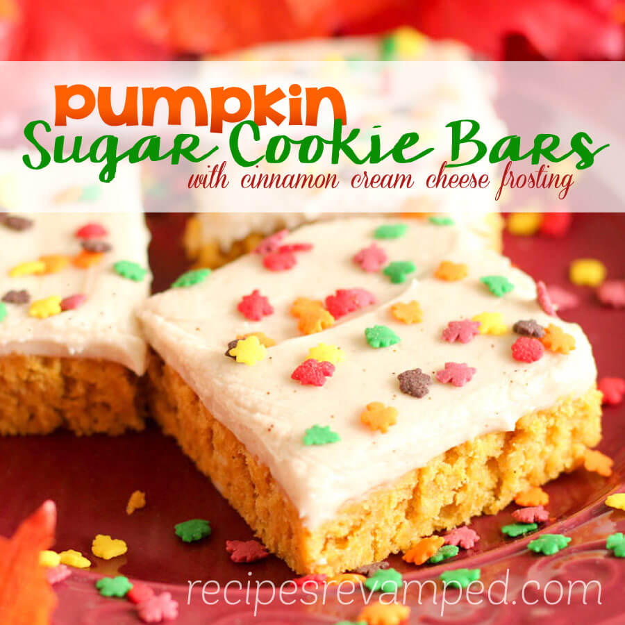 Pumpkin Sugar Cookie Bars with Cinnamon Cream Cheese Frosting Recipe - Recipes Revamped
